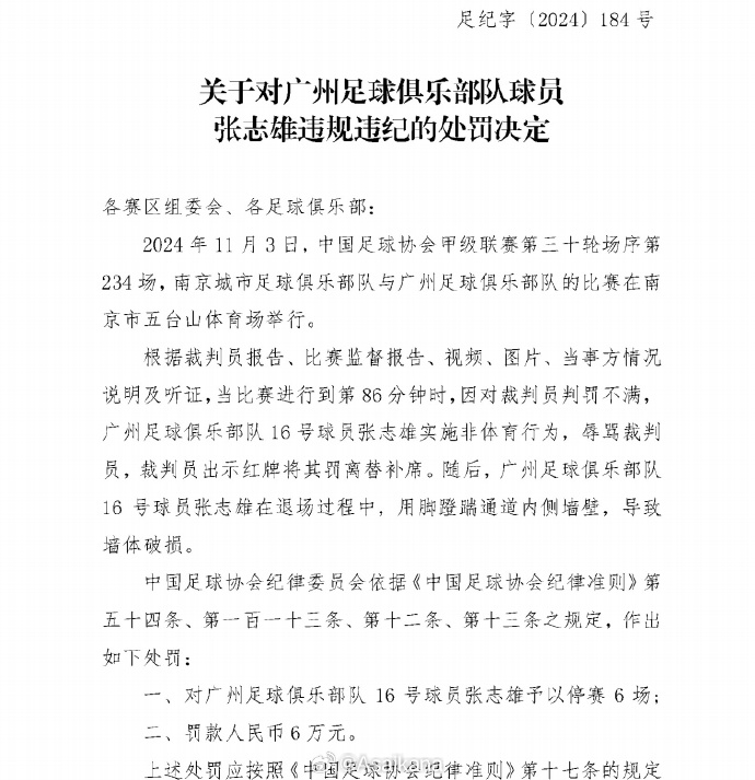 刘浪舟、张志雄1场自然停赛自动消除，6场停赛将跨赛季跨赛事执行_红牌_处罚_球员